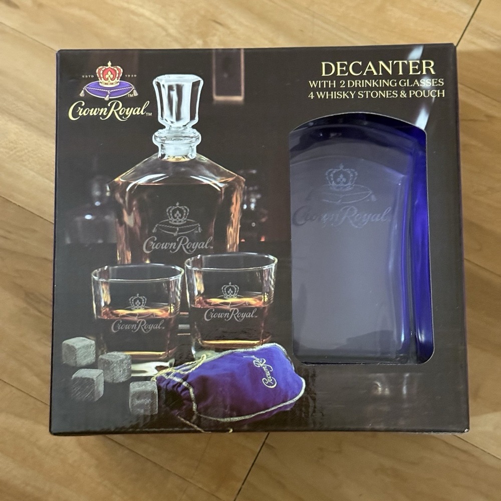 NEW OPEN BOX Crown Royal 7PC Decanter Set w/ 2 Glasses, 4 Whisky Stones Gift